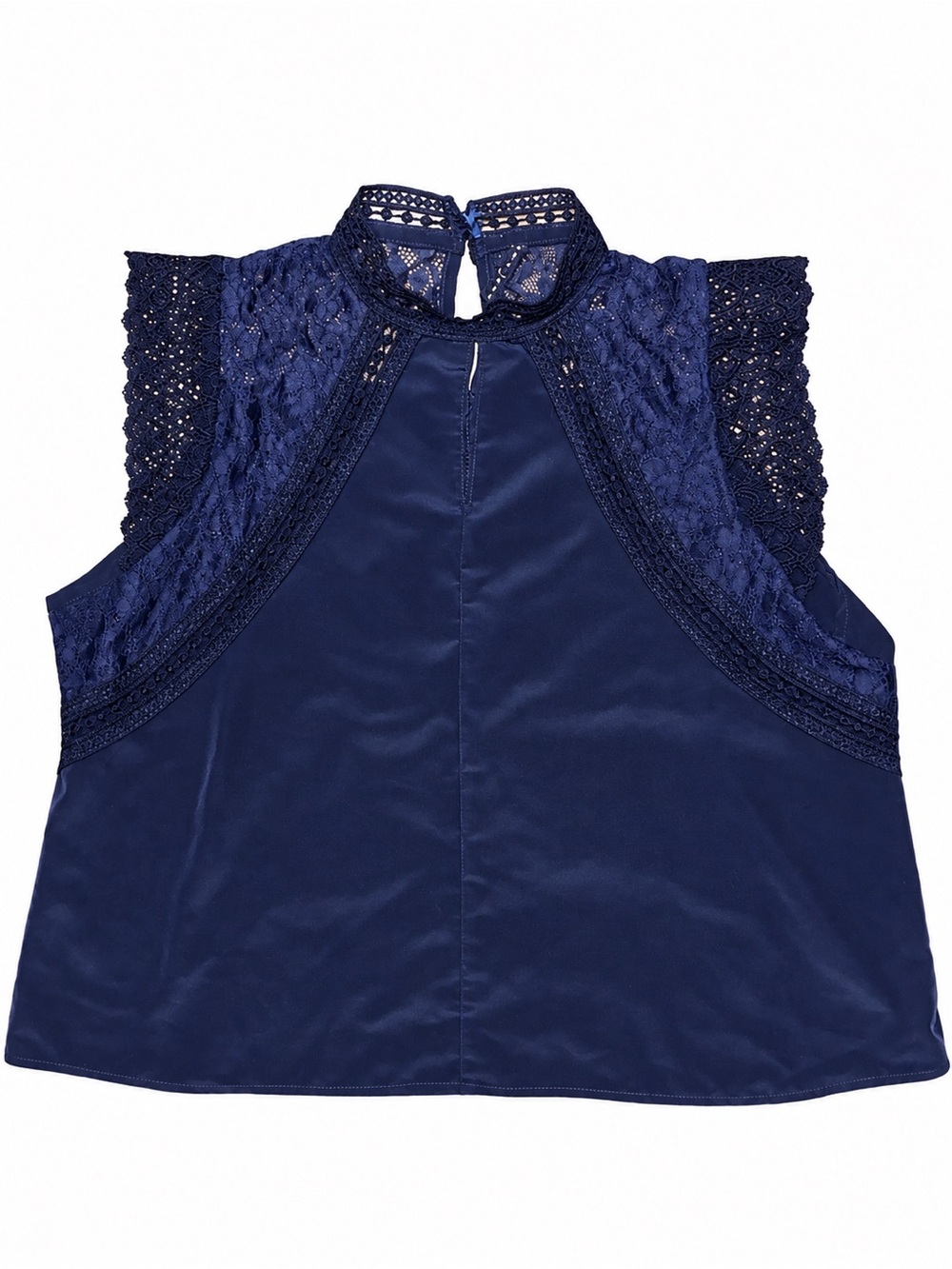 Lace-Trim High Neck Sleeveless Blouse - Navy